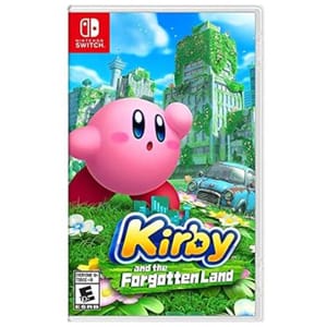 This is the cover art for the video game \“Kirby and the Forgotten Land\“ showing the pink character Kirby with an overgrown cityscape in the background. The game is designed for the Nintendo Switch platform.