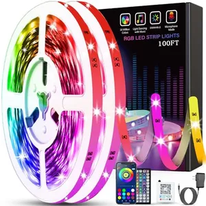 RGB LED strip lights on a reel, extendable up to 100 feet, with a remote control, smartphone control capabilities, and a microphone for music synchronization.