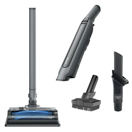 Cordless stick vacuum cleaner with handheld conversion, multi-surface cleaning head, dusting brush, and crevice tool for versatile home cleaning.