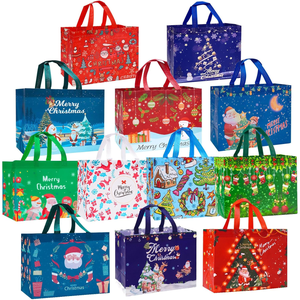 A collection of colorful reusable shopping bags featuring various Christmas-themed designs, such as Santa Claus, snowmen, and Christmas trees, each with decorative handles.