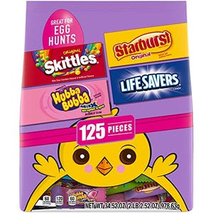A variety pack box with Skittles, Starburst, Hubba Bubba gum, and Life Savers candies, displaying 125 pieces and a cartoon chick design for Easter.