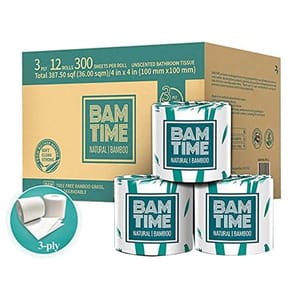 Packaging of bamboo toilet paper rolls indicating they are 3-ply, unscented, and made from natural bamboo.