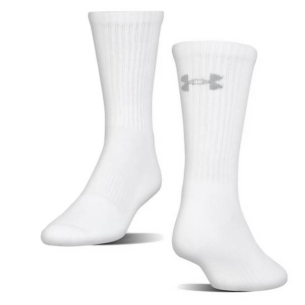 Pair of white crew socks with a ribbed design and a gray Under Armour logo on the side.