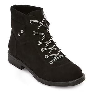 Black lace-up ankle boot with a low heel, featuring silver eyelets and black-and-white patterned laces.