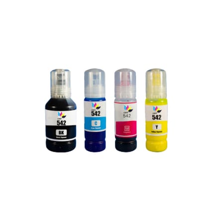 Four Epson 542 ink bottles in black, cyan, magenta, and yellow, each labeled with its color and number. The bottles have flip-top caps and compact design, used for refilling printers with dye-based ink.