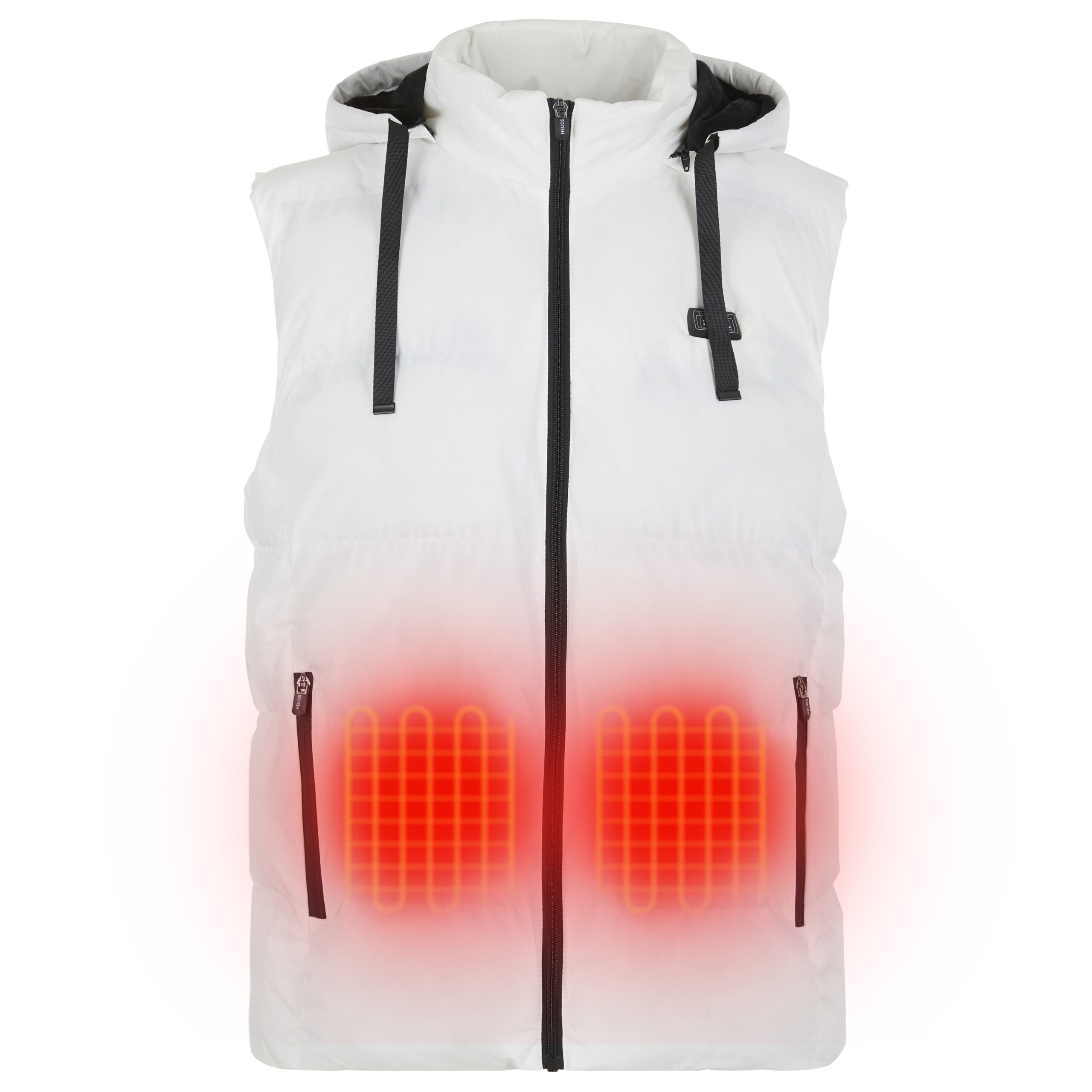 A white unisex vest featuring a hood, a central zipper, and visible red heating elements located in the lower front pockets area.