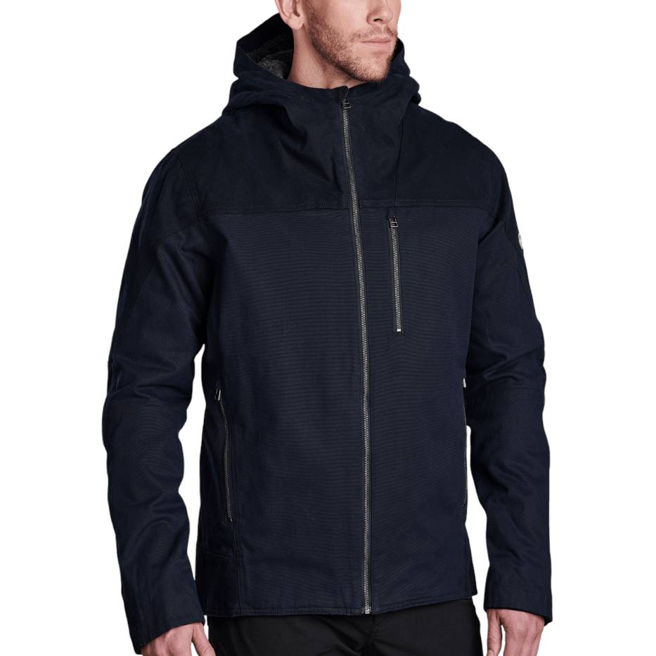 The Kuhl fleece-lined hoodie is a dark-colored jacket featuring a full zip front, two side pockets, a chest pocket, and a hood for added warmth.