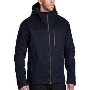 The Kuhl fleece-lined hoodie is a dark-colored jacket featuring a full zip front, two side pockets, a chest pocket, and a hood for added warmth.