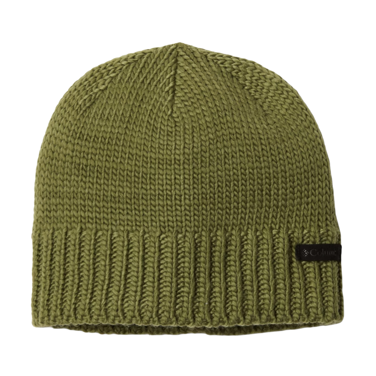 A green knit beanie with a small branded tag on the side.