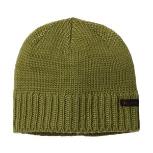 A green knit beanie with a small branded tag on the side.