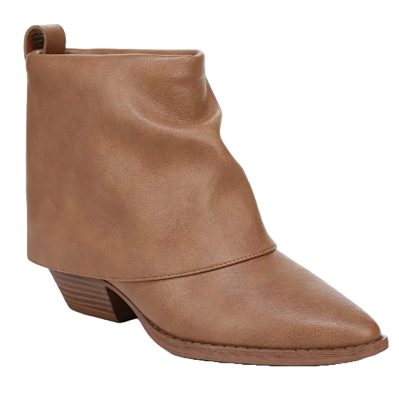 Zodiac Malina Booties are tan, ankle-high boots with a slouchy upper design, pointed toe, and low stacked heel.
