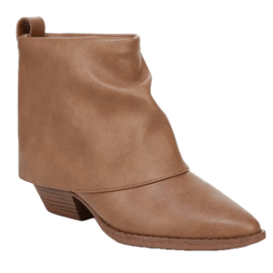 Zodiac Malina Booties are tan, ankle-high boots with a slouchy upper design, pointed toe, and low stacked heel.