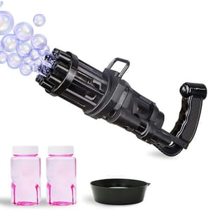 Electric Bubble Blaster in a machine gun style, with two bottles of bubble solution and a tray. The blaster is designed to produce multiple bubbles simultaneously, offering an interactive and playful experience.