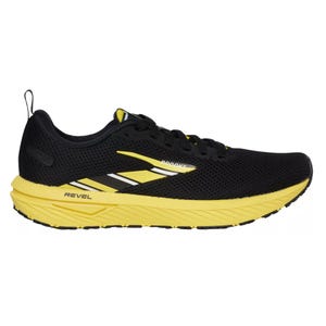 Black and yellow running shoe with a mesh upper, labeled \“Brooks Revel.\“