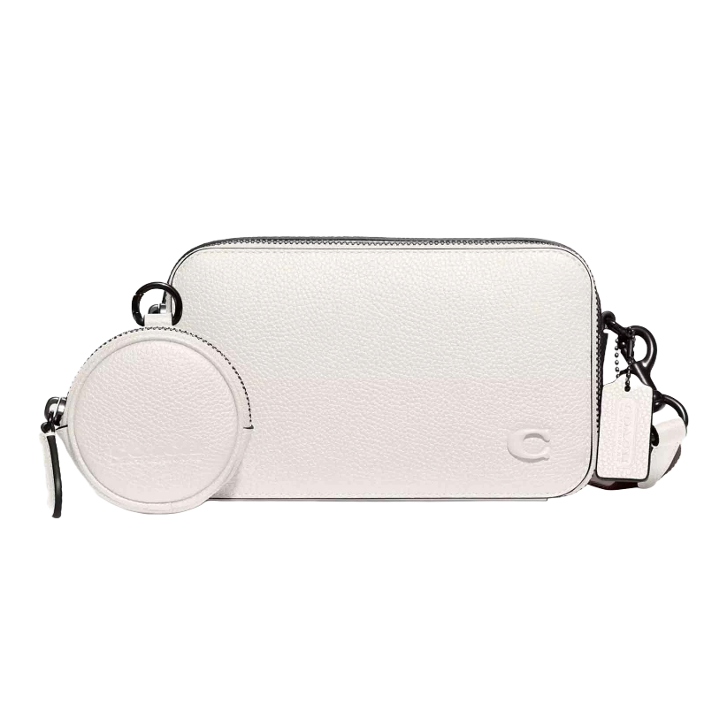 White Coach Charter Slim Crossbody Bag with pebbled leather texture, featuring a detachable round coin case and a metal \“C\“ logo on the front. Includes a leather tag and adjustable strap with black hardware.