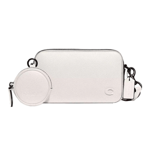 White Coach Charter Slim Crossbody Bag with pebbled leather texture, featuring a detachable round coin case and a metal \“C\“ logo on the front. Includes a leather tag and adjustable strap with black hardware.