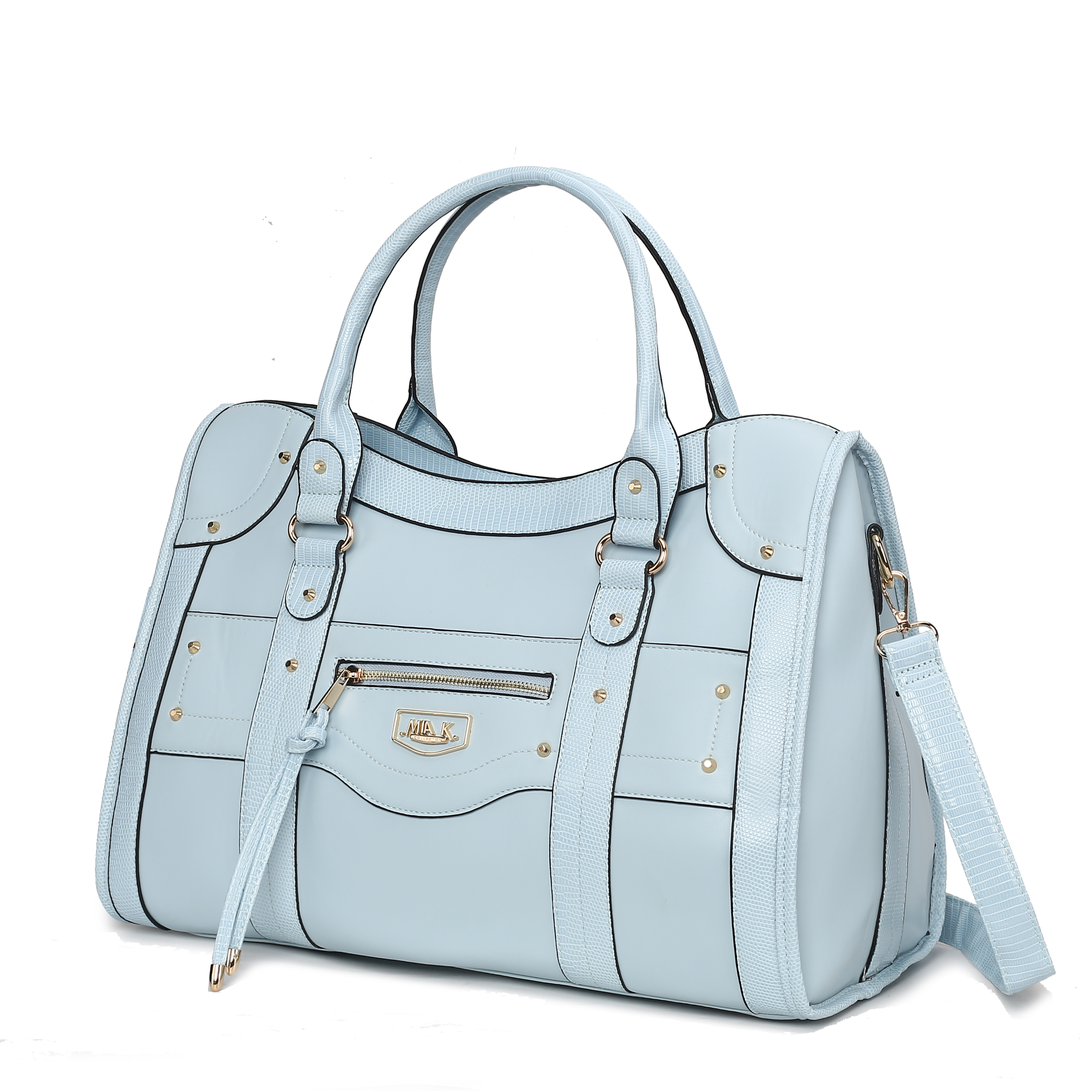Light blue handbag with handles, a detachable shoulder strap, and front zipper pocket.