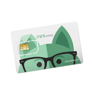 A Mint Mobile SIM card is shown, featuring a design with a green character wearing glasses.