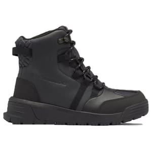 Columbia Men's Snow Boots are black, high-top boots featuring a rugged sole and lace-up closure. They offer a sleek design with durable leather and textile materials suitable for winter conditions.