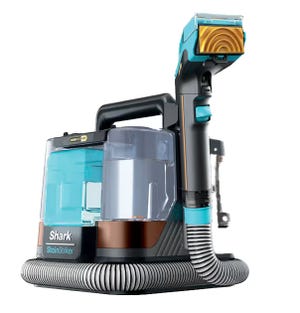 Shark StainStriker, a portable cleaning device with a handle, featuring a water tank, dirt collection container, and a flexible hose attached to a cleaning nozzle.