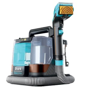 Shark StainStriker, a portable cleaning device with a handle, featuring a water tank, dirt collection container, and a flexible hose attached to a cleaning nozzle.
