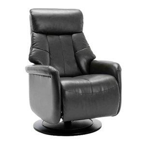 A black leather reclining chair with an ergonomic design, featuring cushioned armrests and a swivel base for comfort and flexibility.