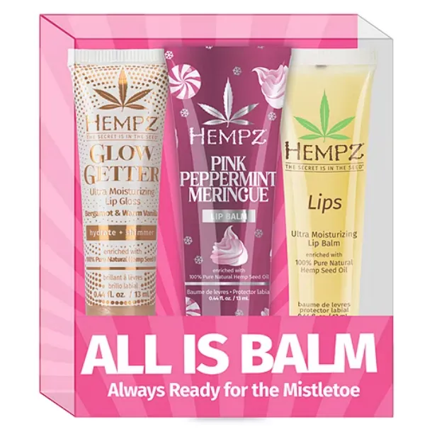 Hempz set includes Glow Getter Lip Gloss, Pink Peppermint Meringue Lip Balm, and Lips Ultra Moisturizing Lip Balm, all enriched with hemp seed oil.