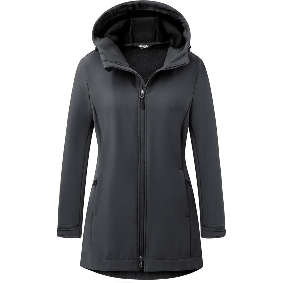 A gray women's softshell jacket with a hood and zippered closure.