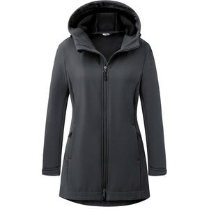 A gray women's softshell jacket with a hood and zippered closure.