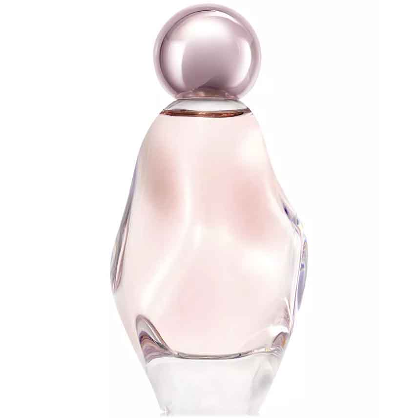 A sleek, abstract perfume bottle with a soft pink hue and a metallic round cap, representing the Cosmic Kylie Jenner Eau de Parfum.