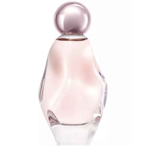A sleek, abstract perfume bottle with a soft pink hue and a metallic round cap, representing the Cosmic Kylie Jenner Eau de Parfum.