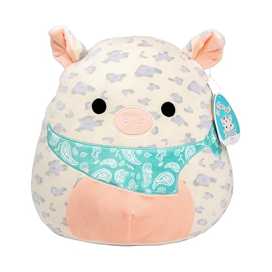 Plush cow toy with a paisley bandana patterned bib.