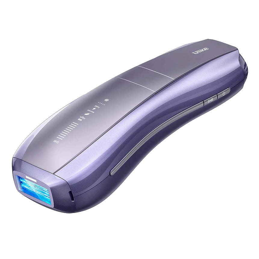 A purple handheld IPL hair removal device with multiple intensity settings and a power button, designed for at-home use.