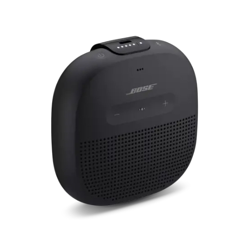 A compact Bose SoundLink Micro Speaker in black with a durable strap, featuring control buttons on top and a grille design for the speaker element.