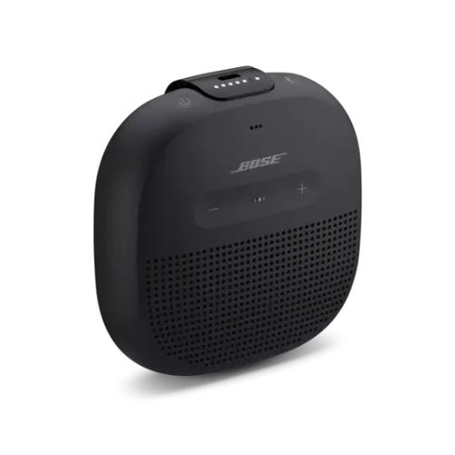 A compact Bose SoundLink Micro Speaker in black with a durable strap, featuring control buttons on top and a grille design for the speaker element.