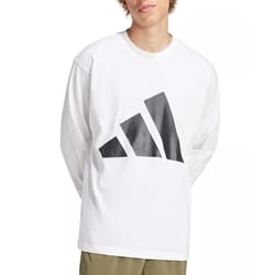 White long-sleeve shirt featuring a large black Adidas logo, paired with olive green pants.