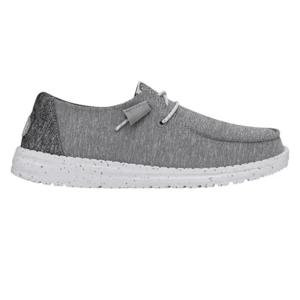 Gray slip-on shoes with a textured fabric upper, white speckled sole, and elastic laces for easy wear.