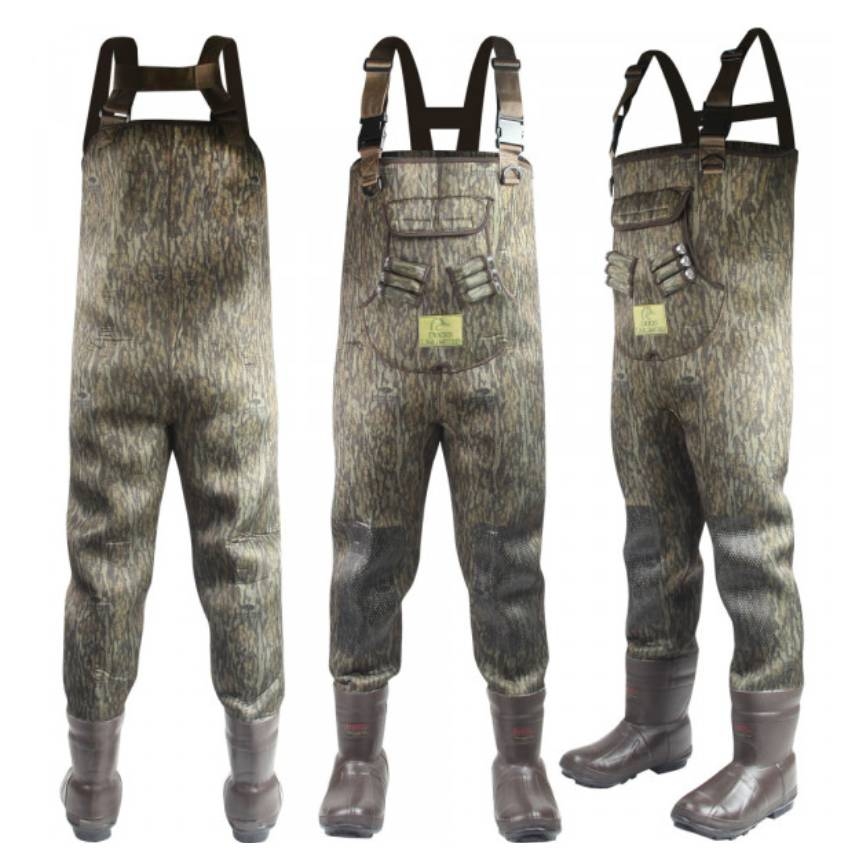 Three pairs of camouflage hunting waders with attached boots.