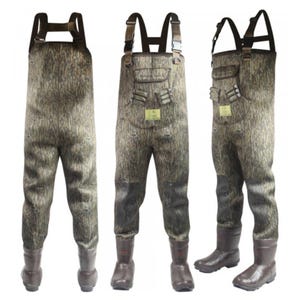 Three pairs of camouflage hunting waders with attached boots.