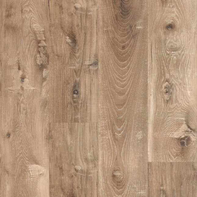 Beige-brown luxury vinyl plank flooring with realistic wood grain patterns and natural knots, showcasing a rustic and warm appearance.
