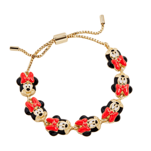 A bracelet featuring multiple gold-colored charms shaped like a well-known animated character with red bows and black accents, attached to an adjustable gold-tone chain.