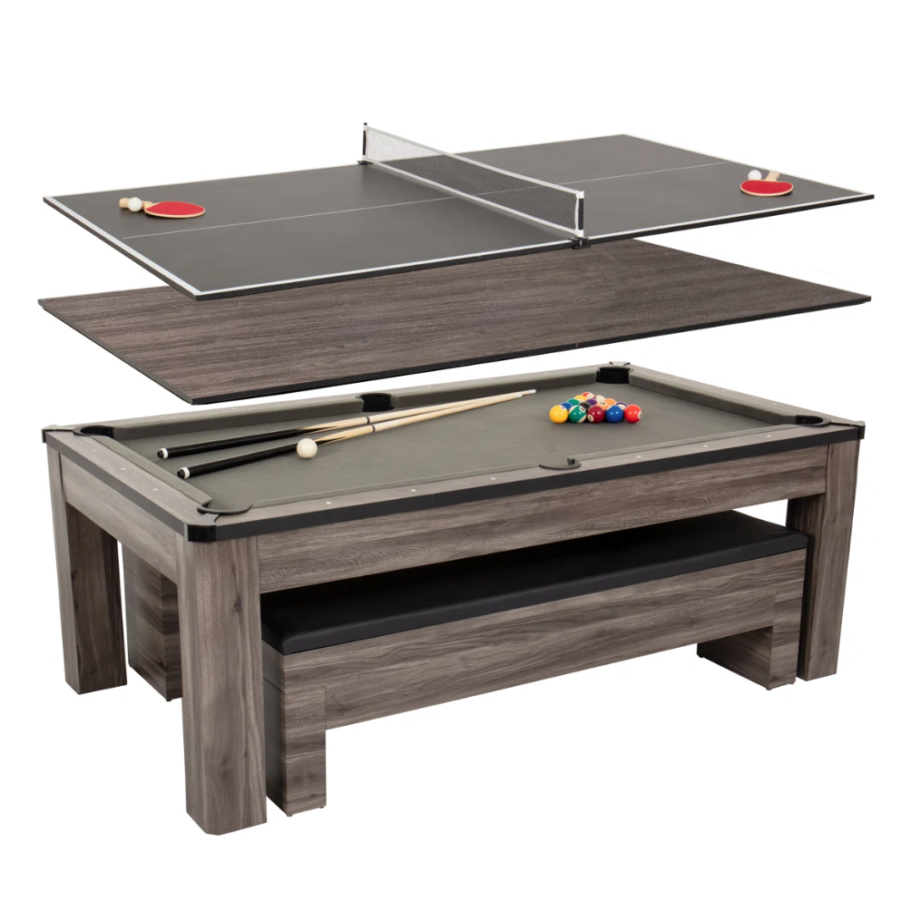 A multi-functional table featuring a pool table with cues and balls, a removable table tennis top with paddles and net, and a cover for dining or other activities.