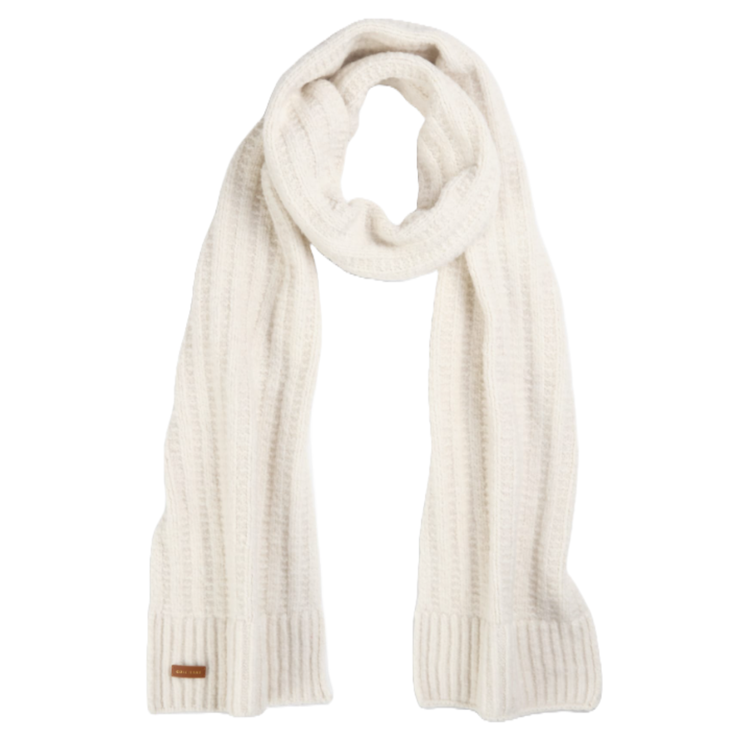 A white, ribbed-knit scarf with a soft texture and subtle rectangular leather tag near one end. Ideal for adding warmth and style.
