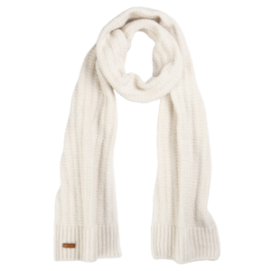 A white, ribbed-knit scarf with a soft texture and subtle rectangular leather tag near one end. Ideal for adding warmth and style.
