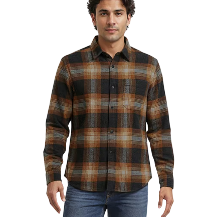 A man is wearing a brown and black plaid long-sleeve button-up shirt paired with blue jeans.