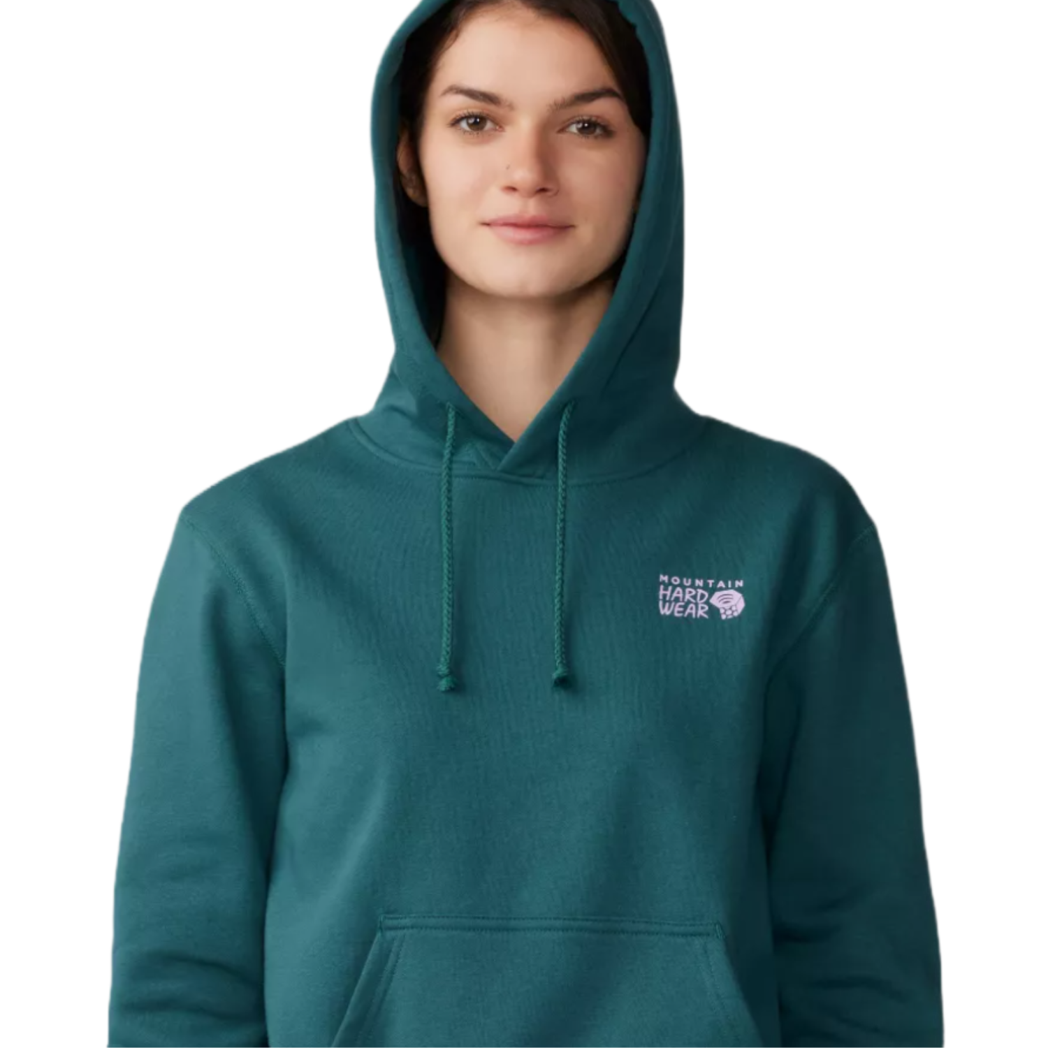 A teal hoodie with a front pocket, adjustable drawstrings, and the \“Mountain Hardwear\“ logo on the chest.