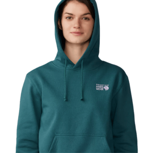 A teal hoodie with a front pocket, adjustable drawstrings, and the \“Mountain Hardwear\“ logo on the chest.