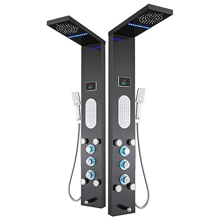 Dual-panel shower tower system with multiple body jets, hand-held showerheads, and overhead showers. Features digital temperature displays.