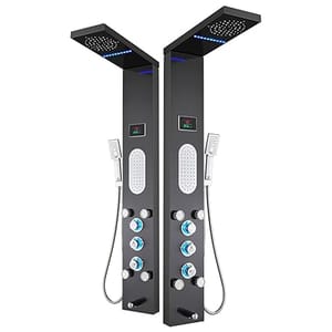 Dual-panel shower tower system with multiple body jets, hand-held showerheads, and overhead showers. Features digital temperature displays.