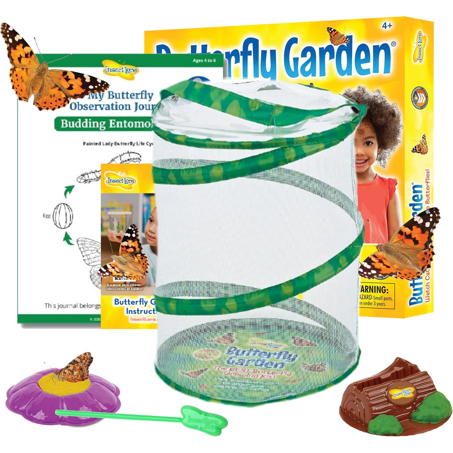 The Insect Lore Butterfly Garden Kit includes a mesh habitat, feeding accessories, a butterfly observation journal, instructions, and educational materials for observing the butterfly life cycle.